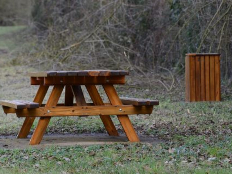 View of a wooden picnic table