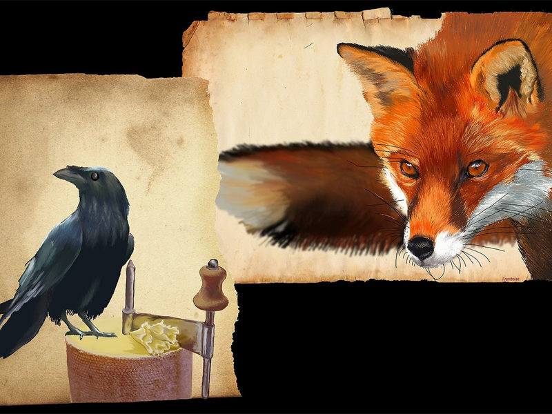 Drawings of a fox and a crow